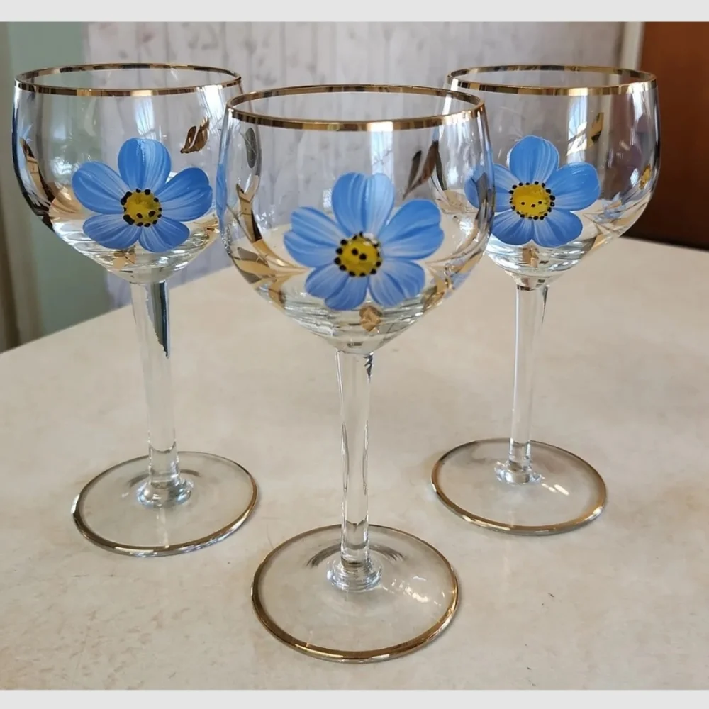 Vtg Romanian Glass Decanter Set 6 Wine Glasses Hand Painted Blue Floral Gold Rim